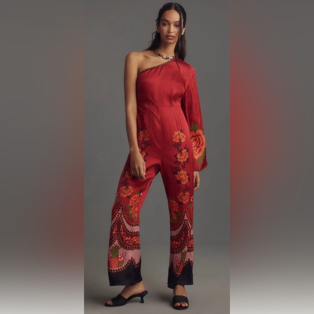 Farm Rio One Shoulder Printed Satin Jumpsuit